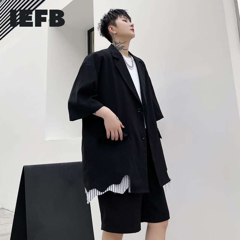 

IEFB Summer Hem Stripe Patchwork Causal Blazers Men's Short Sleeve Single Breasted Suit Coat Oversized Clothing 9Y6904 210524, Apricot