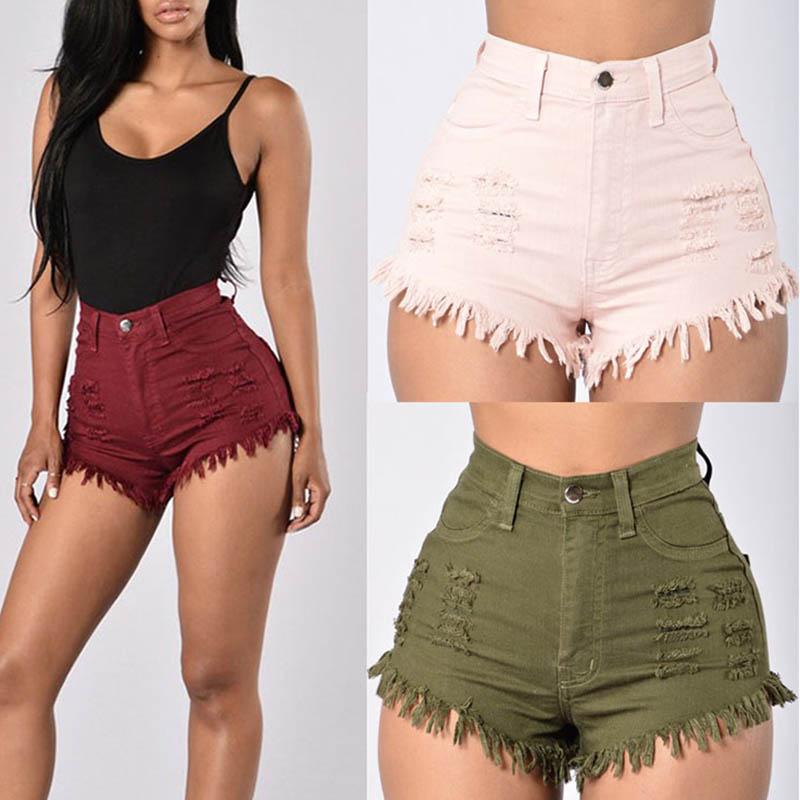 

Women's Shorts Fashion Summer Women Sexy Denim Elastic High Waist Solid Color Frayed Tassel Lady Girls Casual Tight Jeans JS25, Army green