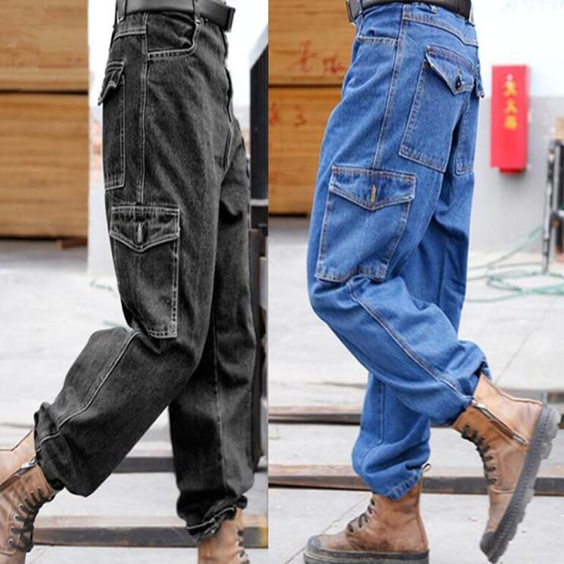 

Fashion Men Loose Jeans Casual Work Pants Hip Hop Cotton Trousers Big Pocket Man Clothes, Blue