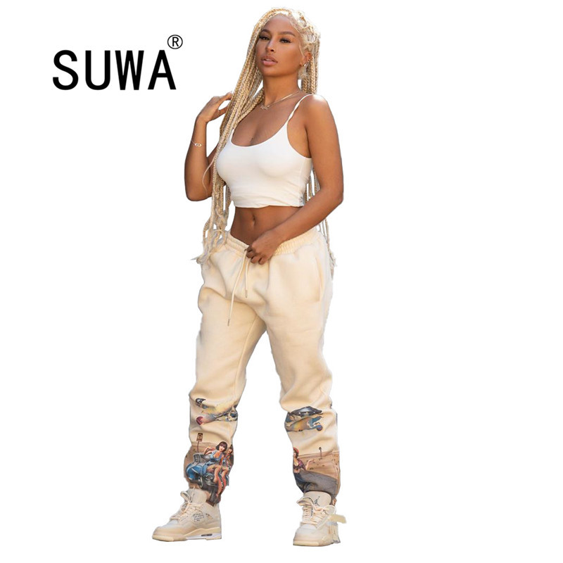 

Trendy Chic Cartoon Printed Stack Sweatpants High Waisted Trousers Joggers Woman K-Pop Style Casual Harem Pants Wholesale 210525, White