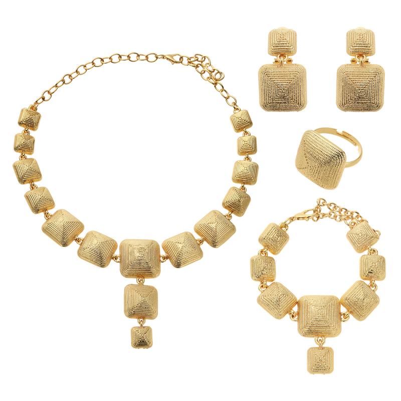 

Earrings & Necklace Luxury Dubai African Gold Square 4Pcs Jewelry Sets For Women Saudi Chokers Necklaces Bracelets Ring Wedding Jewellery, Silver