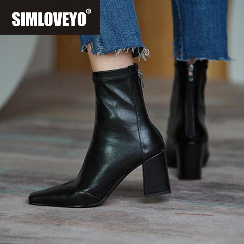 

Boots SIMLOVEYO 2021 Women Ankle Square Toe High Block Heel Zip Concise Soft Comfort Size 35-39 Date Winter Black A3786