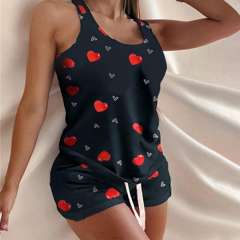 

Yoga Outfit 2021 Pyjamas Women Camisole Sleep Wear Pajamas Heart Print Nightgown Ruffled Flounce Shorts Lingerie Set Home Clothes, B bear