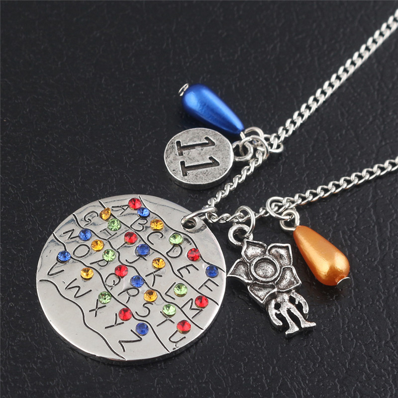 

10PC Stranger Things Necklaces Montauk 11 Alphabet Light Wall Monster Pendant With Crytal Lady Girl Choker Cosplay Accessories