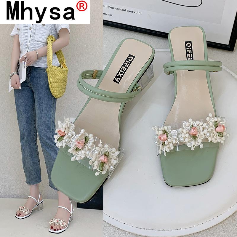 

Sandals Women Summer Leather Chunky Square Heels Pumps Open Toe Buckle Female Fashion Party Shoes Cross-strap Floral, Black