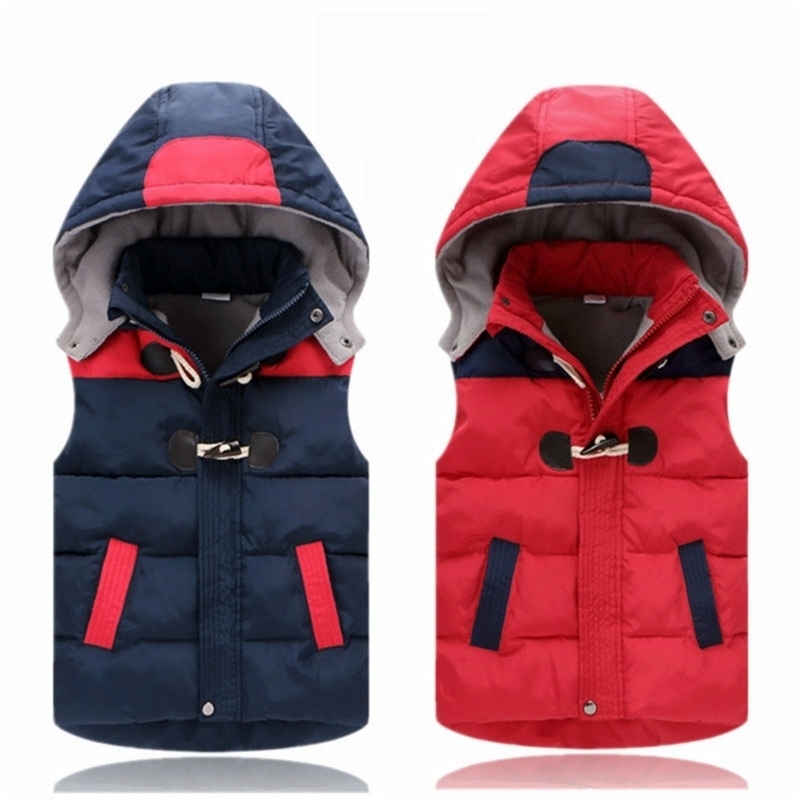 

Winter Warm 3 4 6 8 10 11 12 Years Teenager Thickening Outerwear Color Patchwork Hooded Vest Waistcoat For Kids Boys Girls 210701, Red