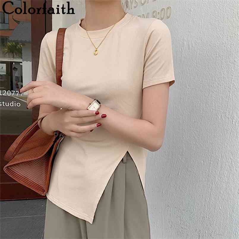 

Colorfaith Women Spring Summer T-shirt Bottoming Basic Fashionable Korean Style Elegant Lady Wild Hem Split Tops T20322 210708, Black