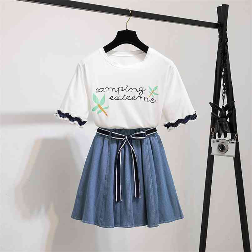 

Korean All-match T-shirt high-waisted A-line Pleated Denim Skirt Two-piece Student Sets 210602, White tshirt