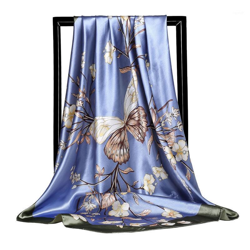 

Scarves Fashion Kerchief Womnen Hijab Scarf Floral Print Bandana For Head Silk Satin Hair Scarfs Female 90cm*90cm Square Shawls, Blue;gray