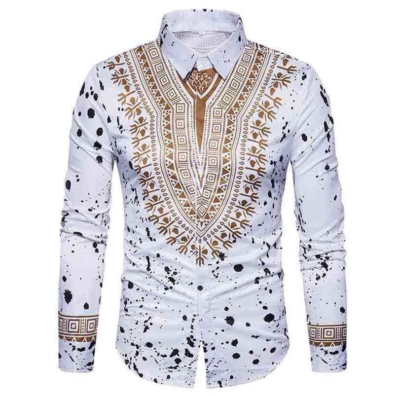 

3D Print Shirt Men Traditional African Dashiki Long Sleeve Slim Fit Casual s Dress s Camisas Masculinas 210721, Red