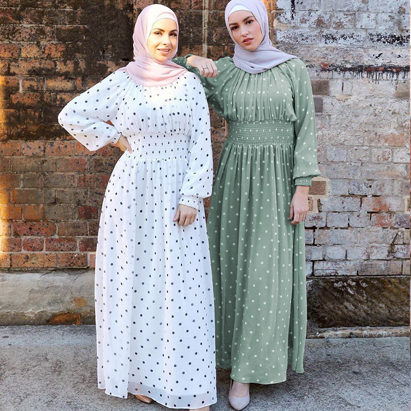 

Turkey Ramadan Abaya Muslim Dress Women Chiffon Elastic Waist Sweet Dots Party Vestidos Moroccan Kaftan Hijab Islamic Clohing