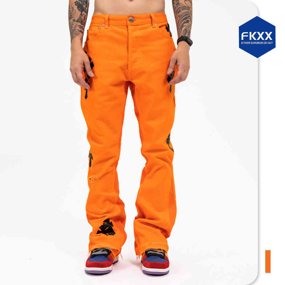

Chrome-Hearts Crosin Ch Fkxx Cross Sheepskin Silver Button Orange Jeans Micro Flared Pants Men's and Women's Casual Pants U4DO TF3Y, Black