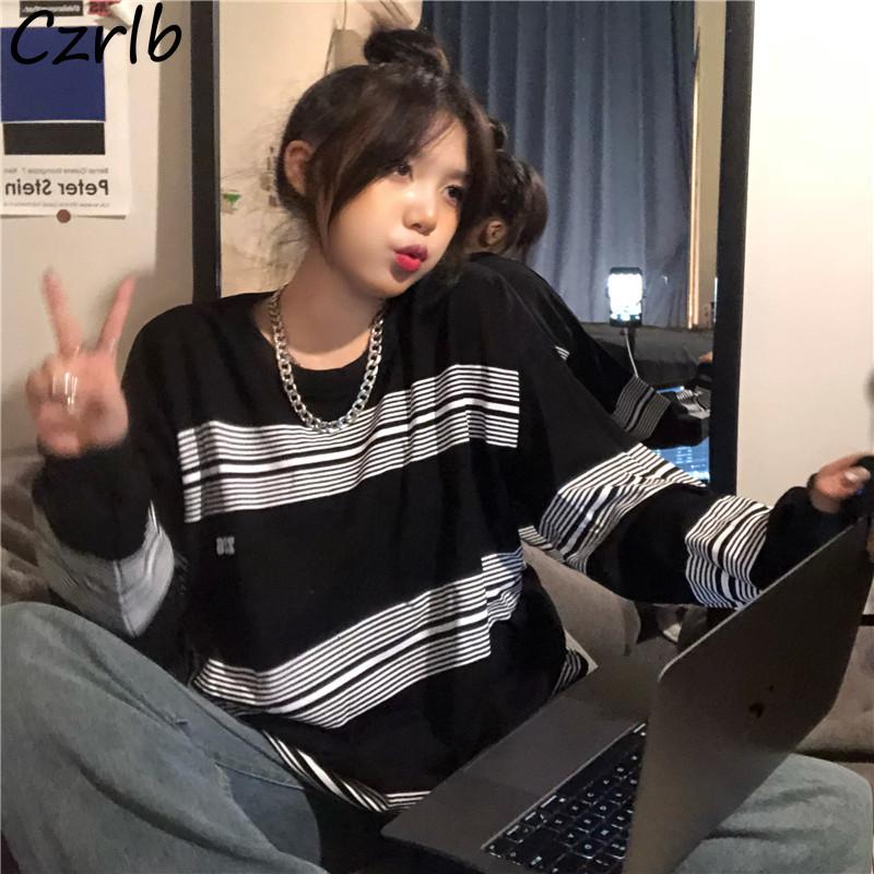 

Women's Hoodies & Sweatshirts Women O-Neck Striped Long Sleeve Harajuku Streetwear Spring Autumn Chic Students Korean Style Feminine Clothes, Black