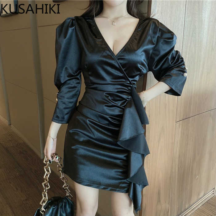 

KUSAHIKI Fashion Elegant Korean Ruffle Patchwork Women Dress Puff Sleeve V-neck Slim Dresses Spring Vestidos 6E804 210602, Black