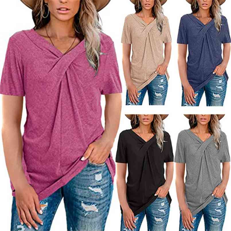 

Women' V Neck Short Sleeve Shirt Summer Casual Solid Color Tshirt Cross Knot Loose Oversize Harajuku Tops Ropa De Mujer 210708, Beige