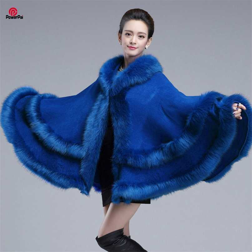

EuropeStyle Fashion Double Fur Coat Cape Hooded Knit Cashmere Cloak Cardigan Outwear Plus Size Women Winter Shawl 1.1kg 211018, Navy blue