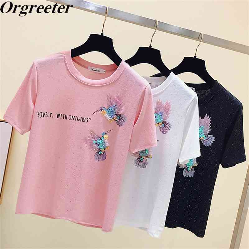 

Summer Sequins Bird Appliques T Shirts Women O-Neck Short Sleeve Girl Tops T-shirts Beading Casual Tee 210525, Pink