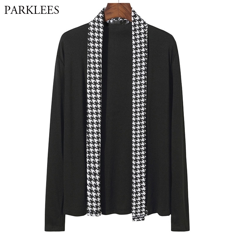 

Mens Houndstooth Cardigan Sweater Colorblock Contrast Shawl Collar Knitted Sweaters Men Casual Slim Fit Cardigans 210524, Black