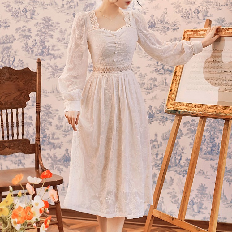 

Elegant Women Lace Embroidery Hollow out Fairy Party Dress Office Lady Square Collar Midi Dress Spring Clothing Female 210518, Picture color