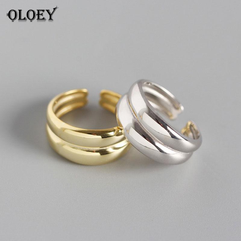

Cluster Rings OLOEY 100% Solid 925 Sterling Silver Open Minimalist INS Geometric Double Layer 8mm Wide Glazed Simple Fine Jewelry YMR725, Golden;silver