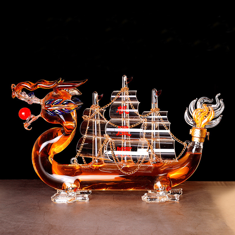 

Chinese Dragon boat style design home bar whiskey decanter lead-free glass wine decanter for Liquor Scotch Bourbon 1201-08