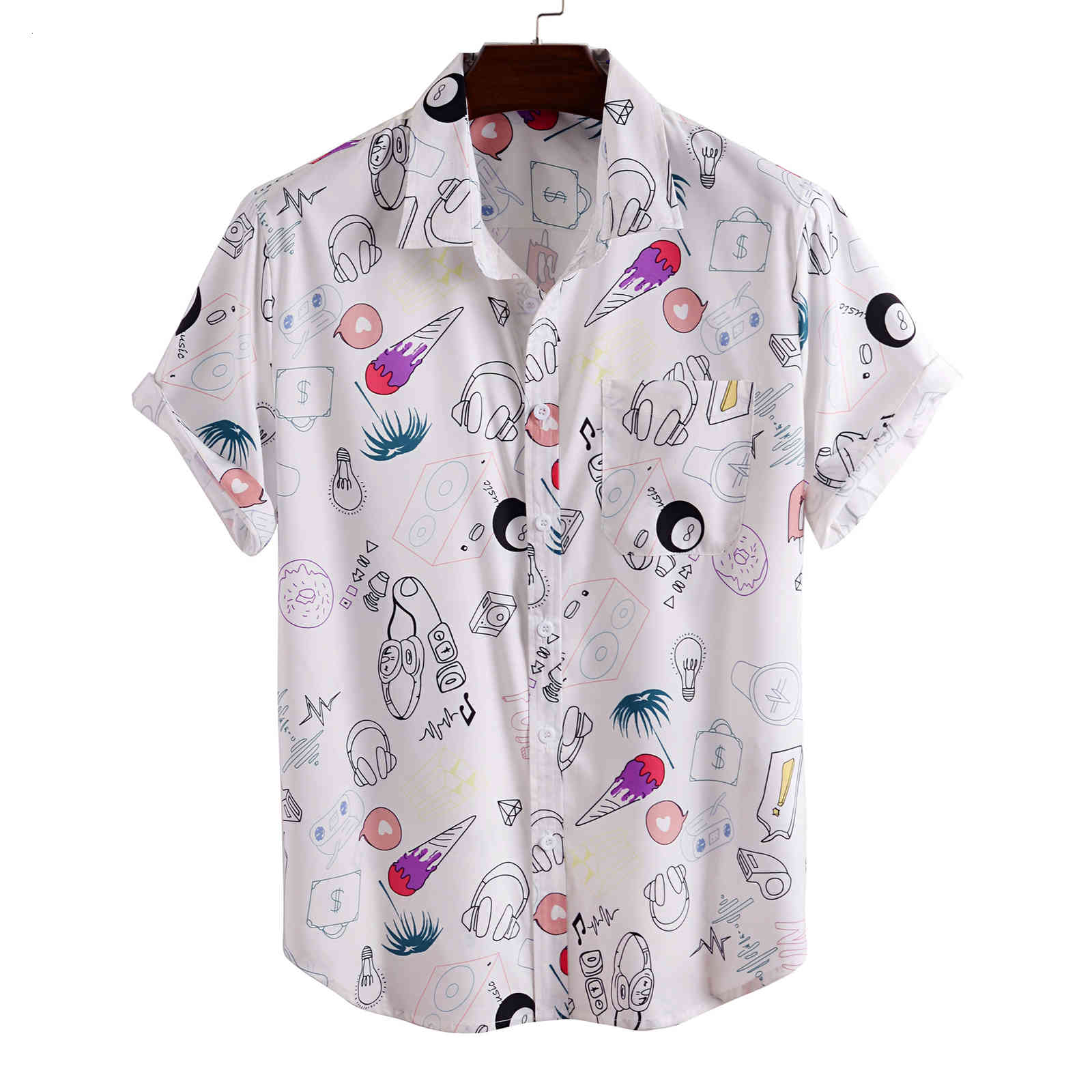

Men's Casual Shirts Male Hawaiian shirt with short sleeves, fashionable funny style and cartoon pattern, white s, male blouse, large Korean 1KJW, 1# shoe box
