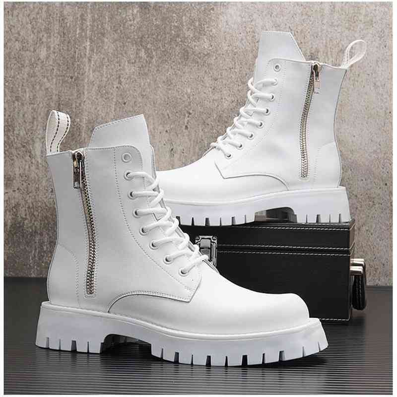 

boots white men casual martin boots punk high motorcycle ankle height increasing shoes zapatillas hombre 7emd, Black