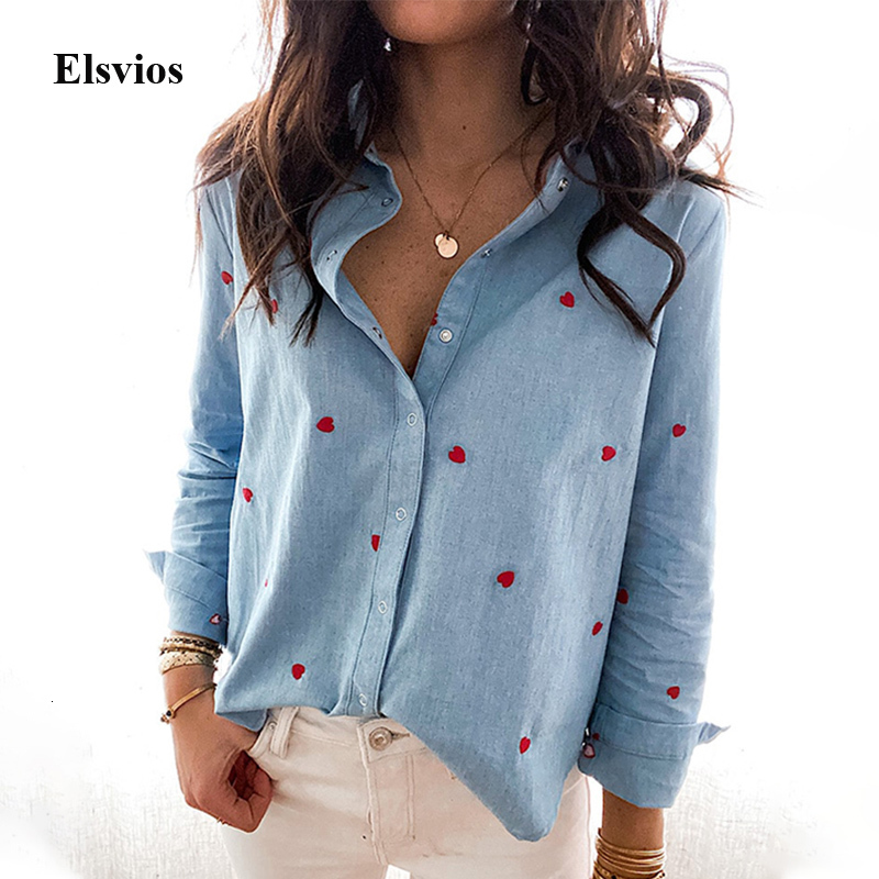 

Women's Blouses & Shirts Spring Fashion Cute Heart Print Blouse Summer Elegant Turn-Down Collar Tops Blusa 2021 Women Casual Long, Red