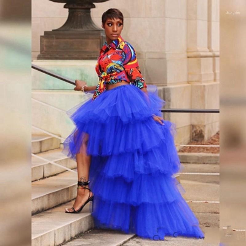 

Skirts Hi Low Royal Blue Long High Waist Tiered Tulle Womens Formal Wear Halloween Mujer Saias Jupe Custom Made, Black