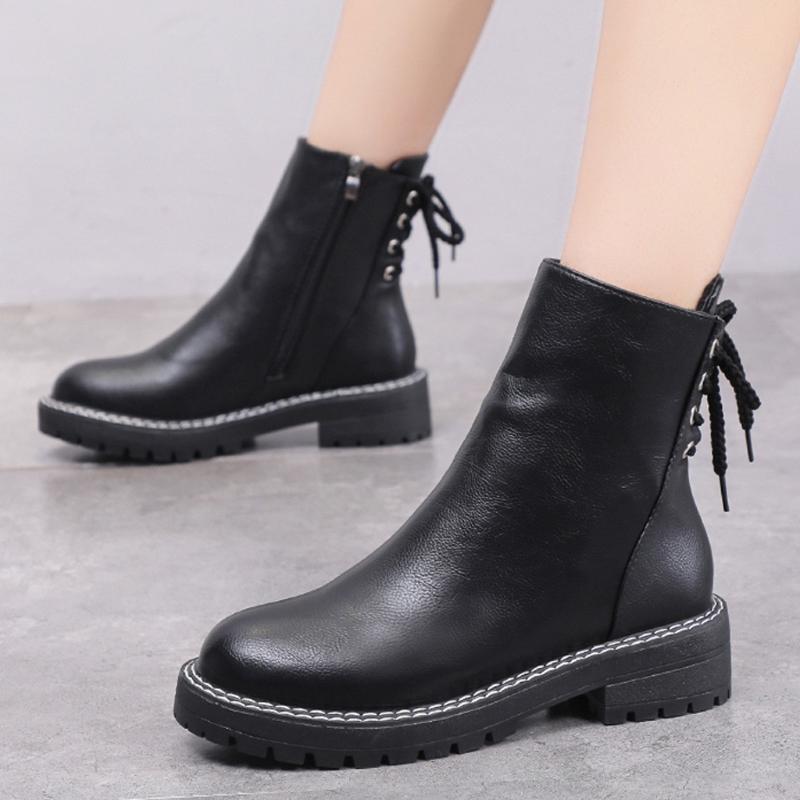 

Boots High Quality Square Heel Women Solid Color Warm Snow Platform Low Ankle Urban Style, Black