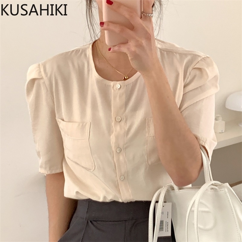 

Chic Vintage Pockets Blouses Causal Puff Sleeve O-neck Woman Shirts Summer Blusas De Mujer 6J561 210603, Blue