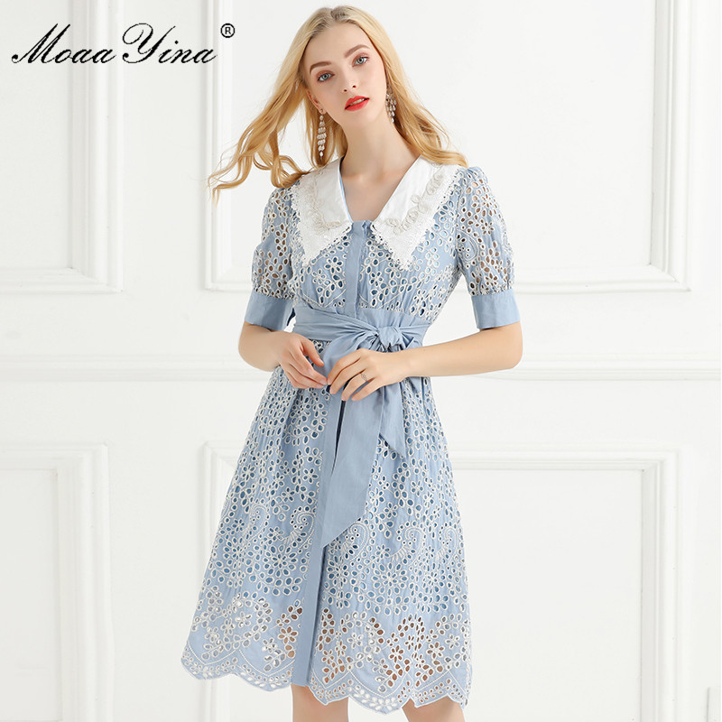

Fashion Runway dress Summer Women's Dress V-neck Short sleeve Hollow Out Embroidery Bow Slim Vintage Dresses 210524, Orange