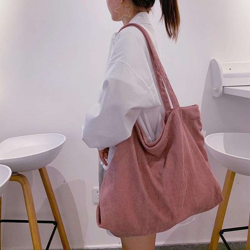 

Evening Bags Retro Corduroy Women Shopper Bag Reusable Shoulder Big Handbag Large-Capacity Female Solid Color Tote Shopping