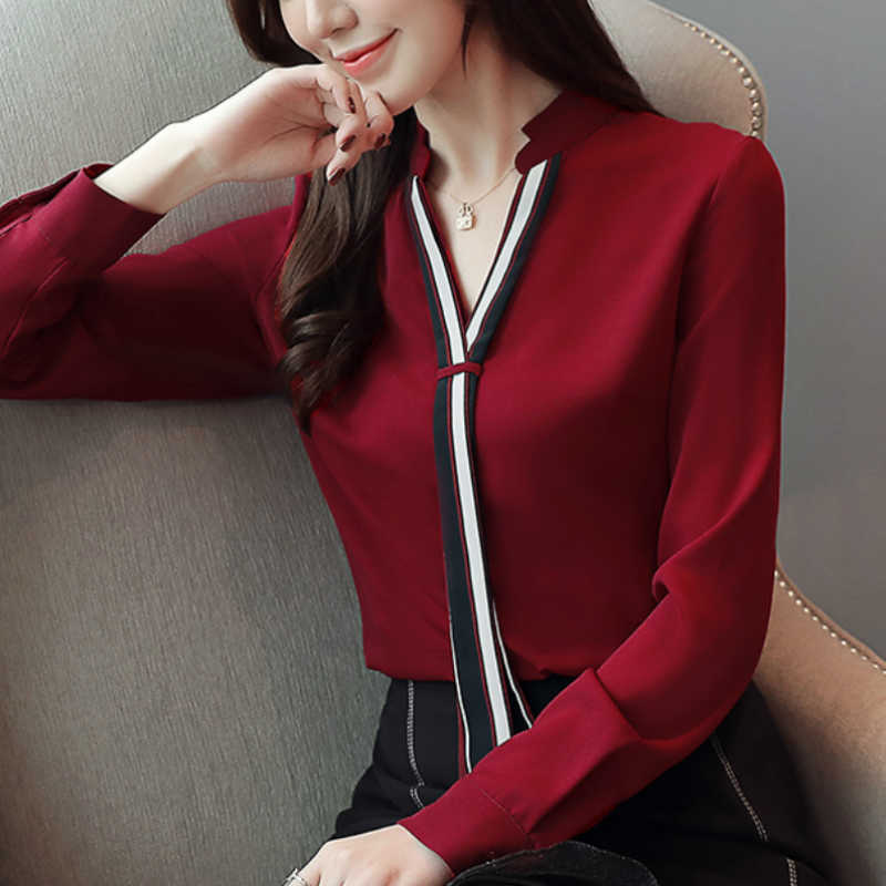

Fashion Bow V-neck Office Ladies Tops Blouses Women Long Sleeve Solid Chiffon Blouse Women Shirts Top Female Blusas B751 210602, As picture