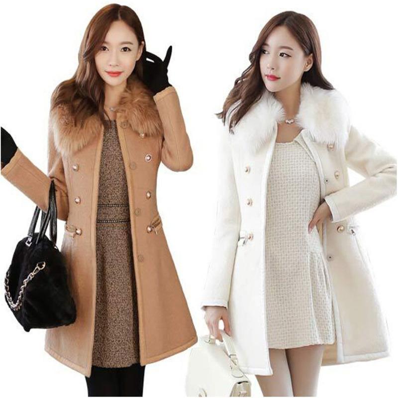 

XUXI Autumn Winter Patchwork Women Woolen Long Wool Coat Slim Dames Jacket Fur Collar Cashmere Coat Jacket Female Overcoat FZ231, Picture color3