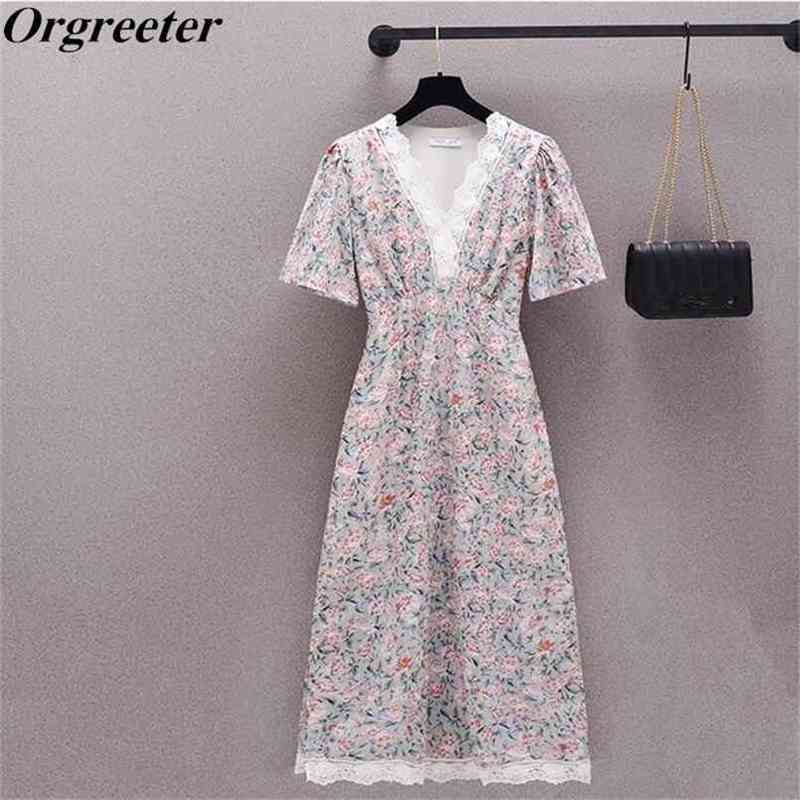 

French retro Summer V-neck Short sleeve Chiffon Floral Printted Mini Dress Female 210602, Black