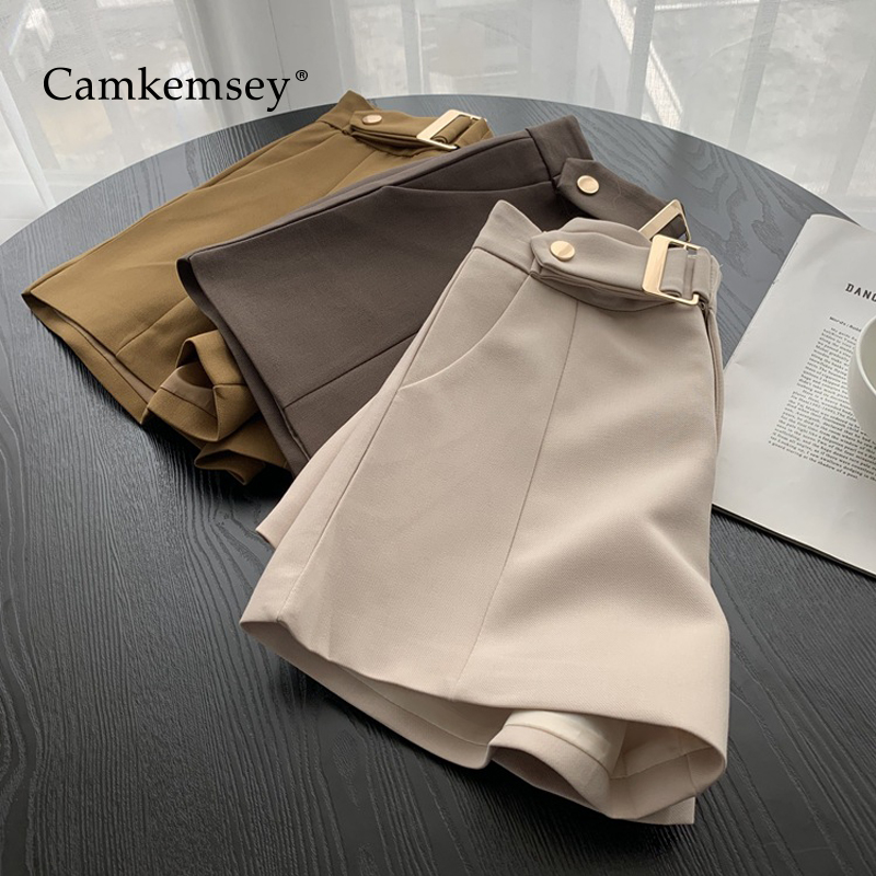 

CamKemsey Autumn Casual High Waist Wide Leg Shorts Women Korean Brief Solid Office Lady Work Wear Leisure Suit Shorts, Apricot