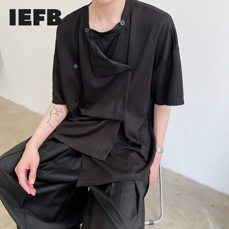 

IEFB Men's Summer Simple Korean Streetwear Double Breasted Detachable Button Wear Personality Short Sleeve T-shirt 9Y7007 210524, Black
