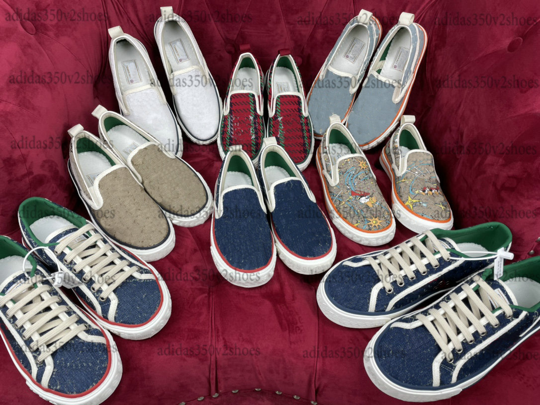 

Designer Tennis 1977 Print Slip-On Casual Shoes Green And Red Web Striple Light Blue Beige Jacquard Denim Houndstooth Low-Top Sneakers