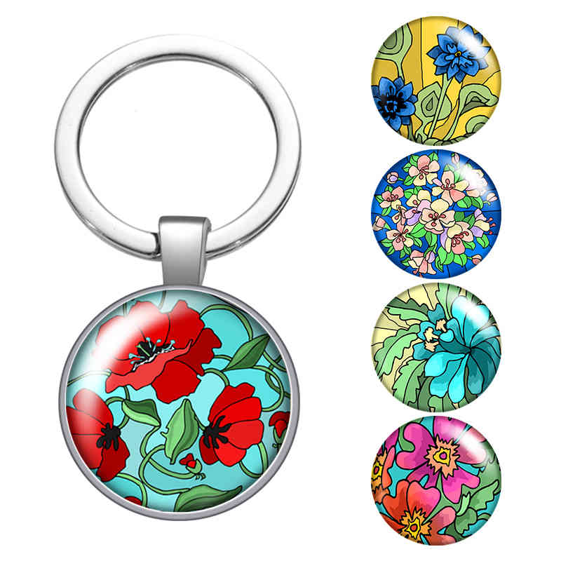 

Colorful Beauty Flowers Fashion Glass Cabochon Keychain Bag Car Key Rings Holder Charms Silver Plated Key Chains Women Gifts