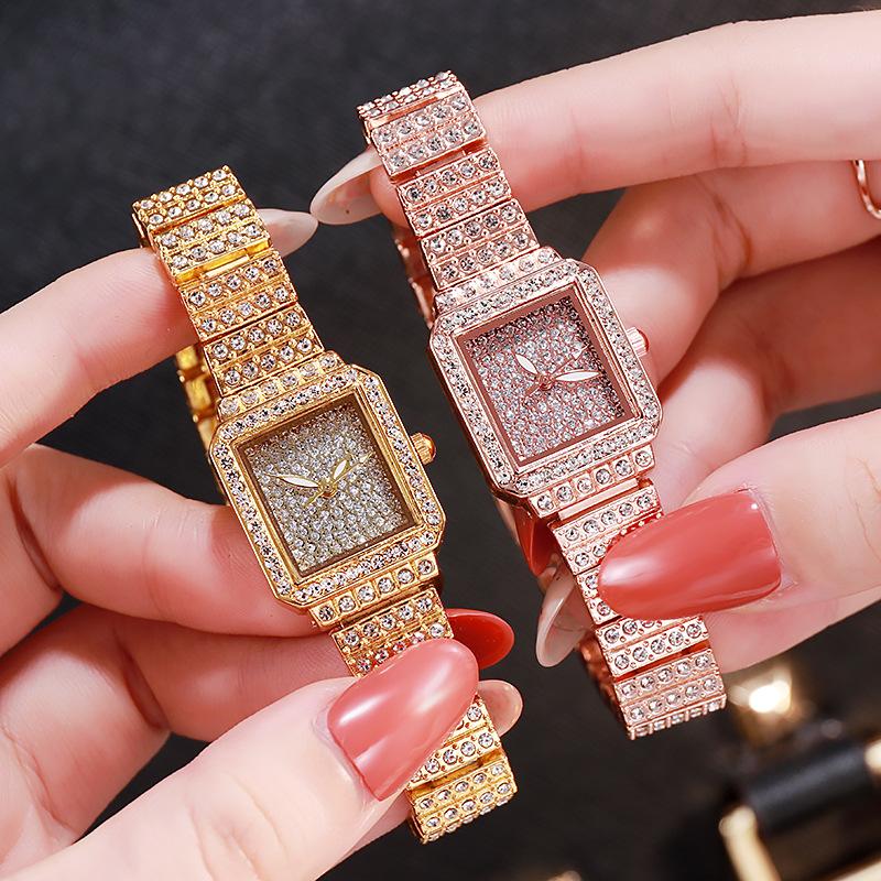

Wristwatches Luxury Watches For Women Cool Full Iced Out Gold Watch Rhinestone Wristwatch Oblong Shape Relojes Para Mujer Ladies, Slivery;brown