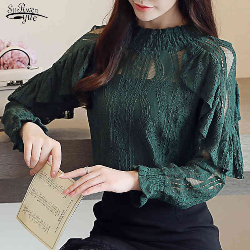 

Women Clothing Ruffle Lace Nine Quarter Sleeve Blouse Shirt Hollow Out Floral Female Tops Elegant Blusa 14313 210521, Green