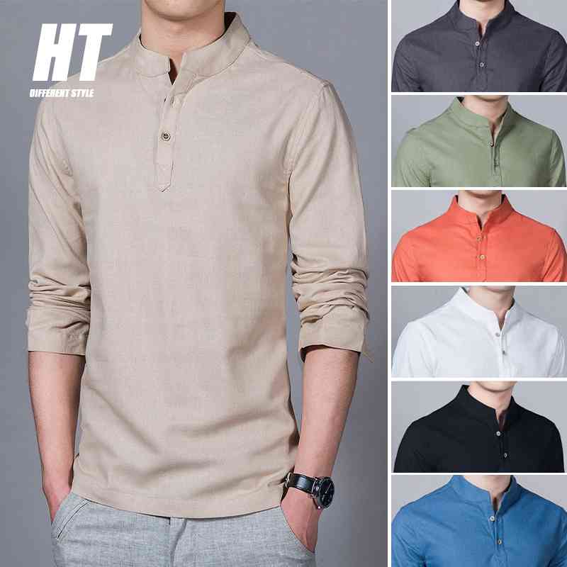 

Men' Cotton Linen Shirts Casual Slim Fit Beach Shirt Men High Quality Fashion Long Sleeve Stand Collar Shirts -5XL 210603, Cjw323darkgray