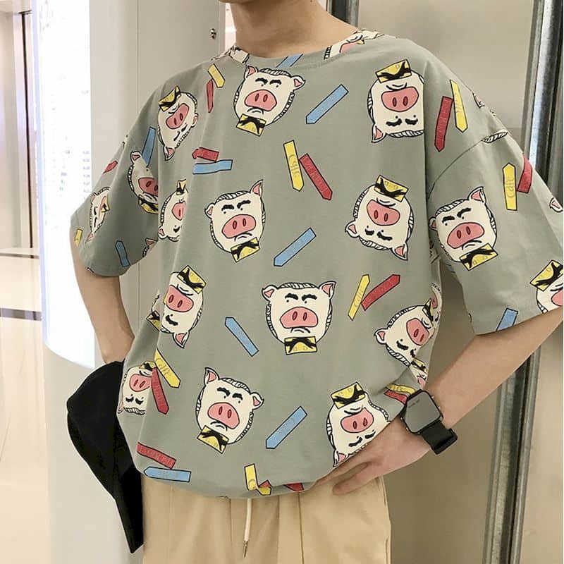 

Summer men's piggy short-sleeved t-shirt male students Korean style loose trend personality white clothes half-sleeved shirt men 210526, 6507 white