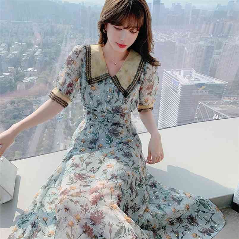 

Arrival Summer Retro Peter Pan Collar Flower Print Short Sleeve Women Chiffon A-line Dress Vestidos Female 210519, Photo color