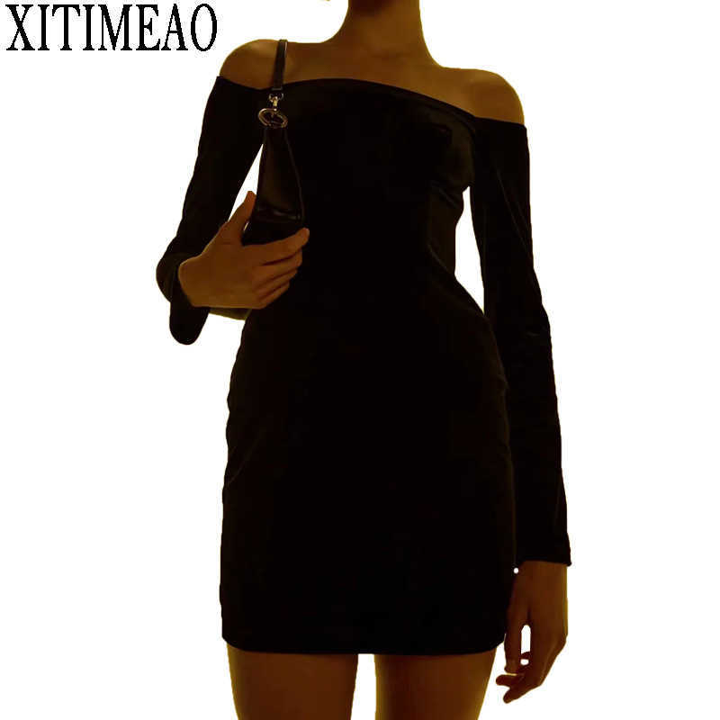 

ZA Sexy off the shoulder collar Long Sleeve Dress Women Autumn Black Mini Dress Ladies Casual Basic Slim Bodycon Dresses 210602