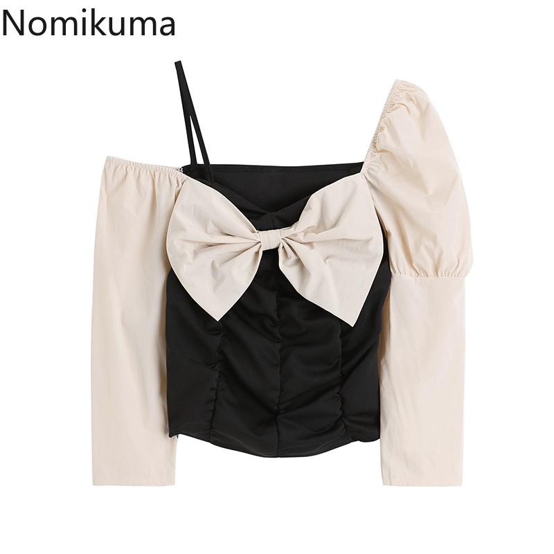 KUSAHIKI Korean Puff Sleeve Women Shirt Sexy Strapless Swet Bowknot Blouse Tops Spring New Slim Short Blusas De Mujer 6G446 210427