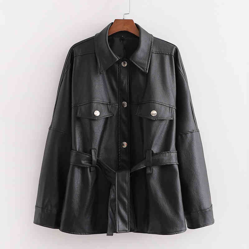 

Stylish 3 Colors Pockets Pu Leather Jacket Women Fashion Casual Turn-Down Collar Jackets Elegant Ladies Tie Belt Waist Coat 210520, Black