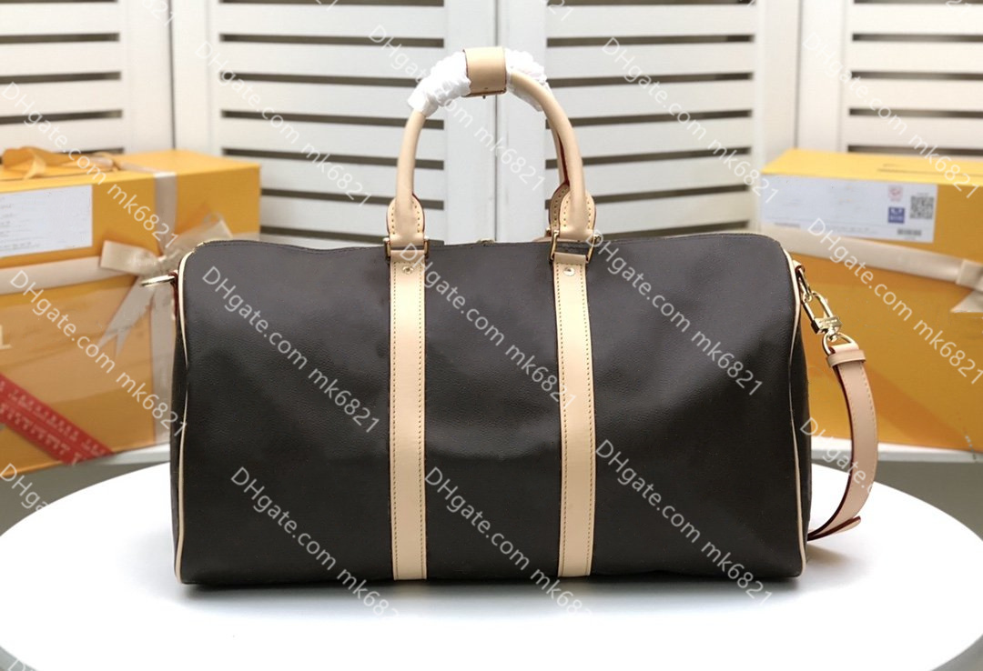 

Top-Quality Famous Men Genuine Leather Duffel Bags Luxury Designers Handbag Women Travel Bag Large Capacity Luggage Tote 50cm, Coffee plaid
