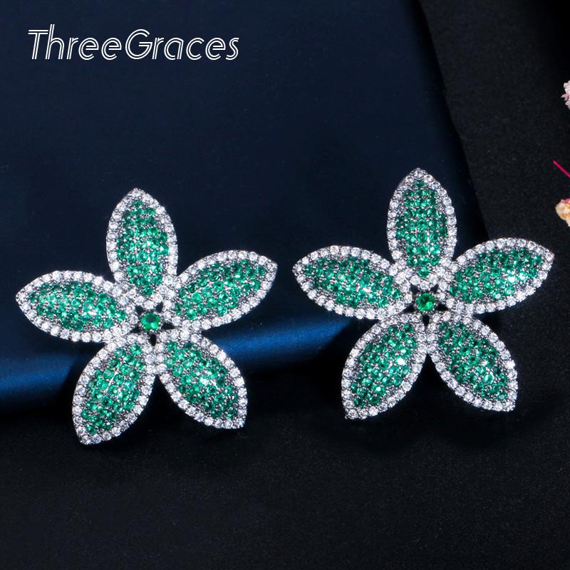 

Stud ThreeGraces Elegant Plant Flower Micro Paved Full Green CZ Ladies Statement Earrings For Women Dress Accessories ER380, Golden;silver